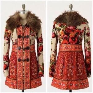 Anthropologie Elevenses Karelia Coat Floral Tapestry Faux Fur Boho Jacket 2 XS